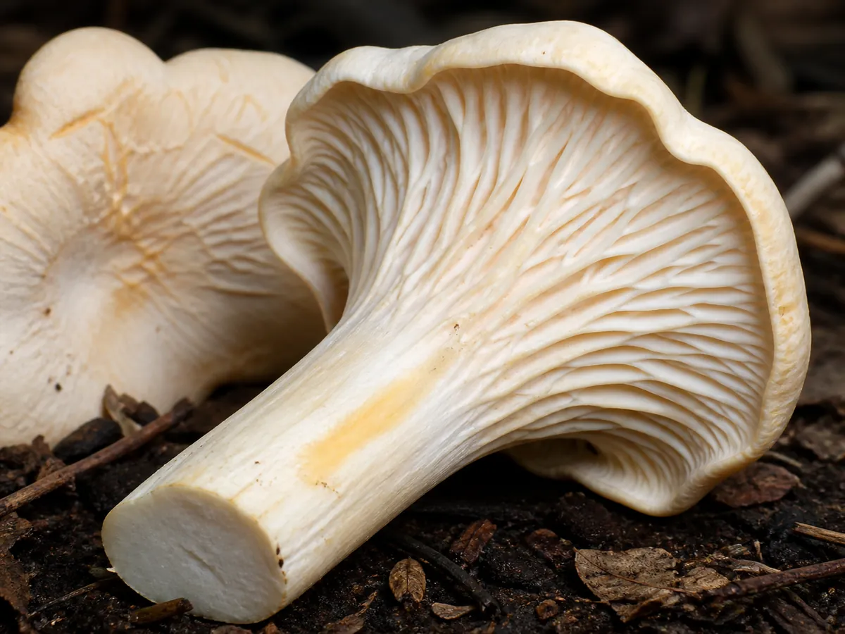White chanterelle underside showing blunt forked cross-veined ridges descending a solid stem