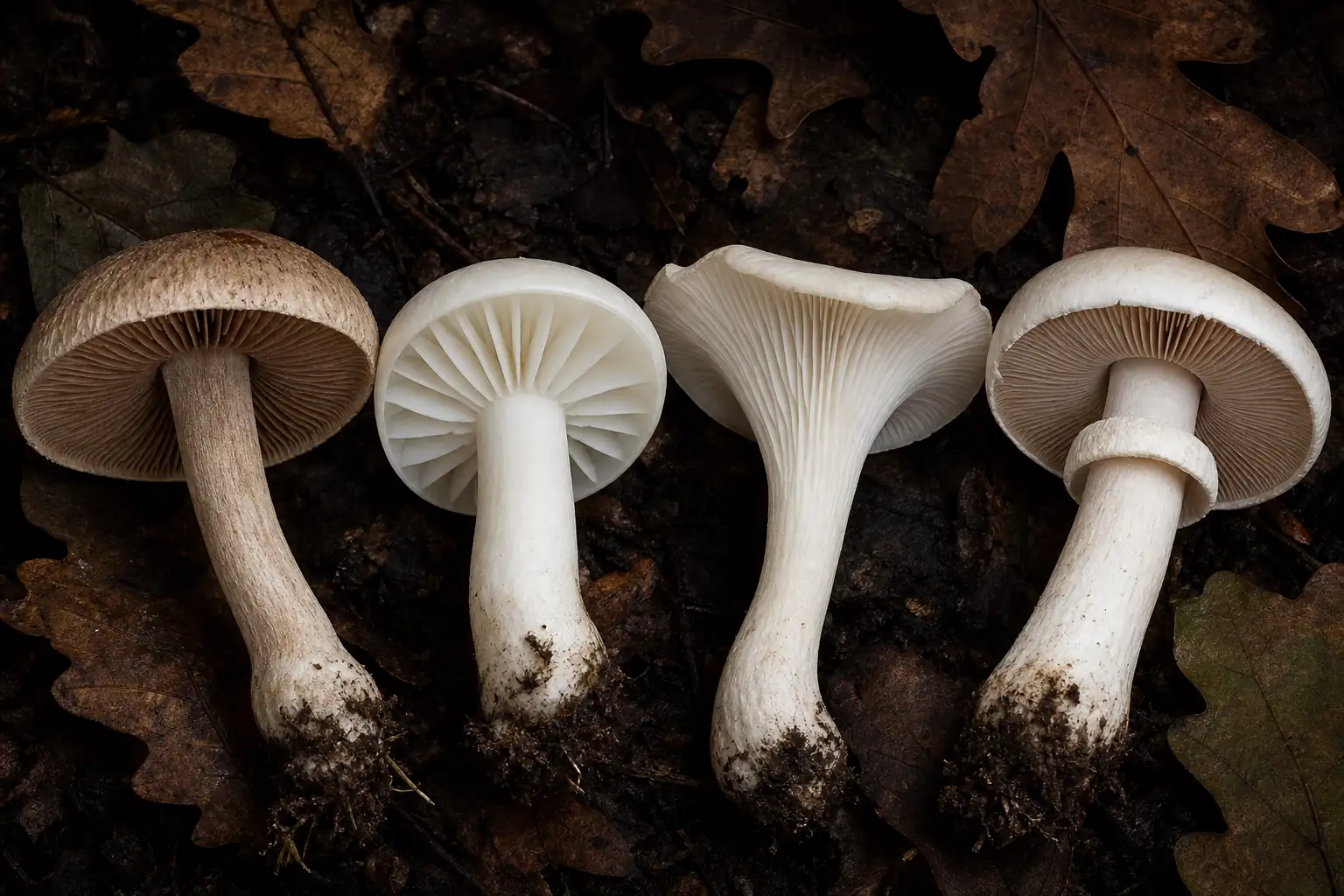 White fibrecap attached brown gills beside thick waxy gills, descending funnel gills, and free ringed field-mushroom gills