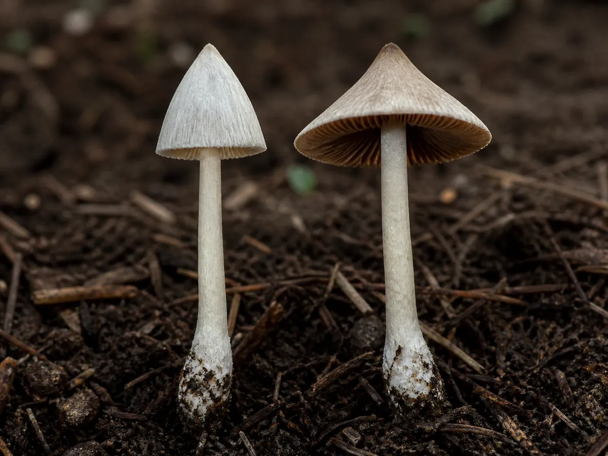 Young and mature white fibrecaps showing pointed silky caps and gills changing from cream to tobacco brown