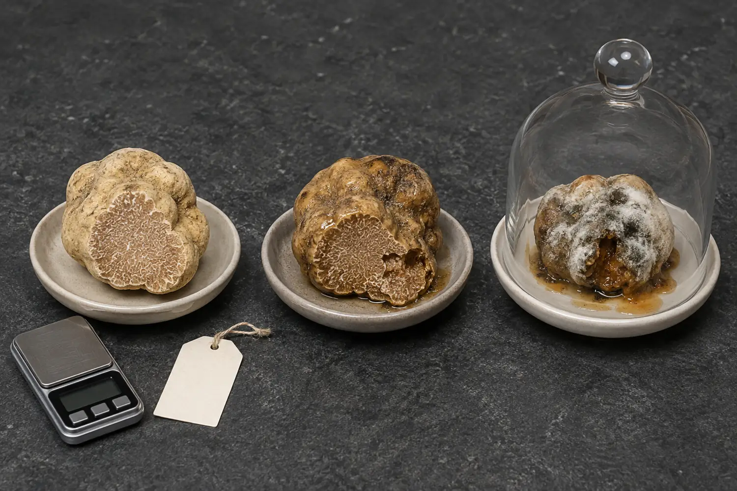 Fresh, softened, and mold-spoiled white truffles compared under controlled light