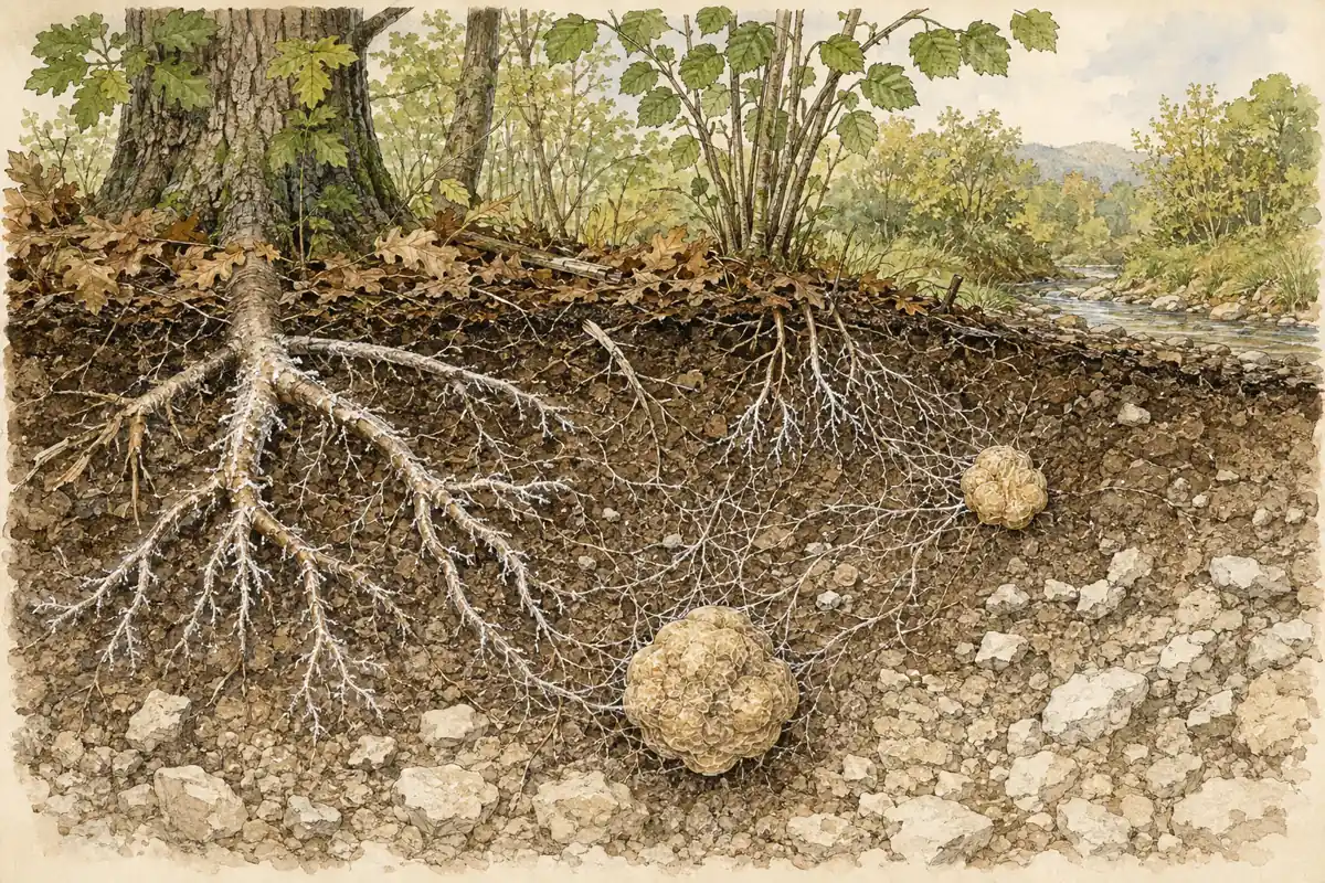Soil cutaway with oak and hazel roots, ectomycorrhizal tips, fungal threads, and developing white truffles