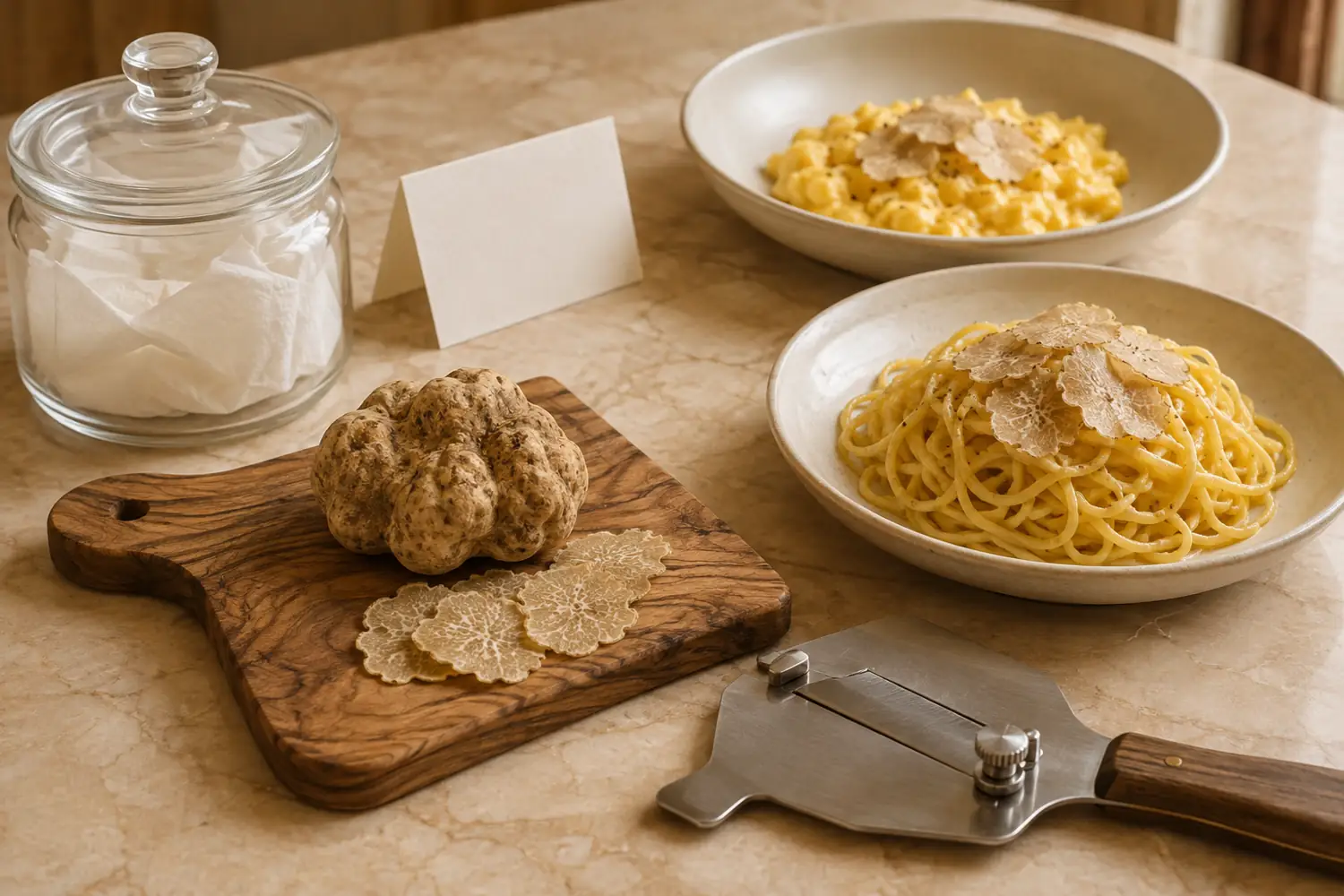 Whole white truffle, thin slices, truffle slicer, eggs, pasta, and lined storage jar