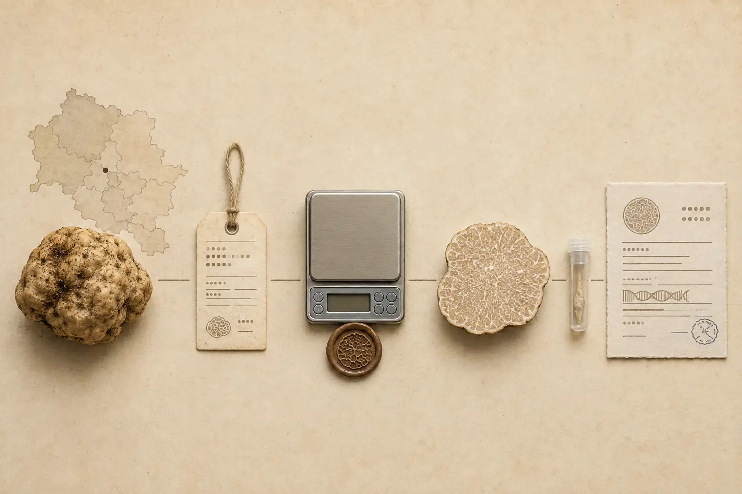 White truffle connected to origin record, lot tag, weight, cut surface, retained sample, and certificate