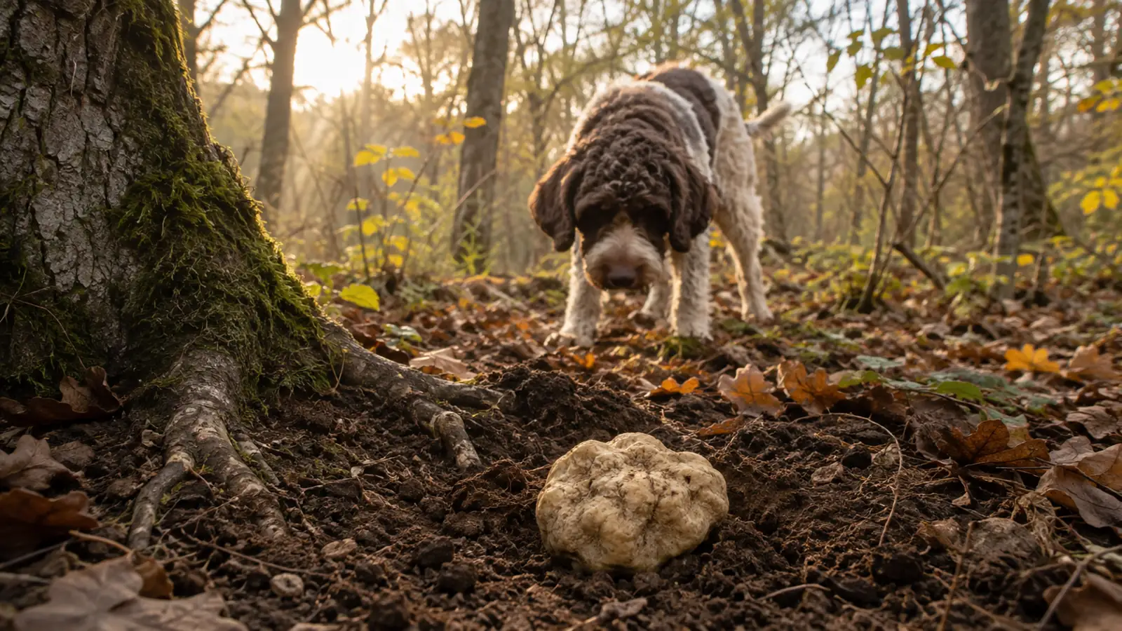 Italian white truffle uncovered near tree roots in autumn woodland