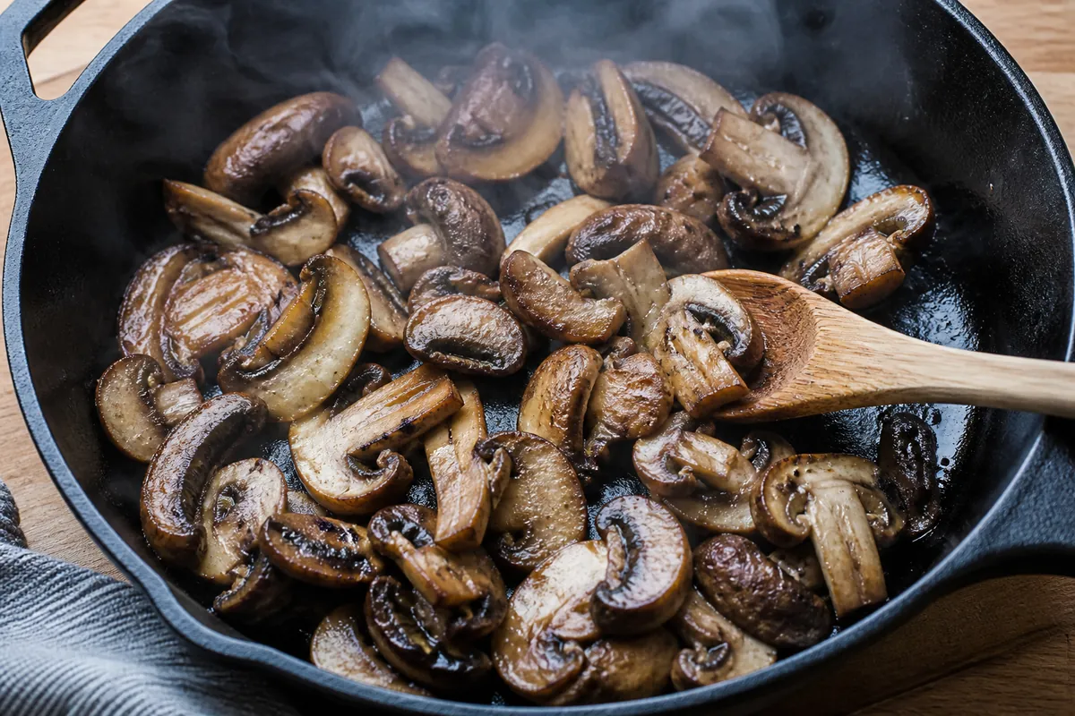 Thickly sliced mushrooms browning in a black cast iron pan with a wooden spoon resting in it