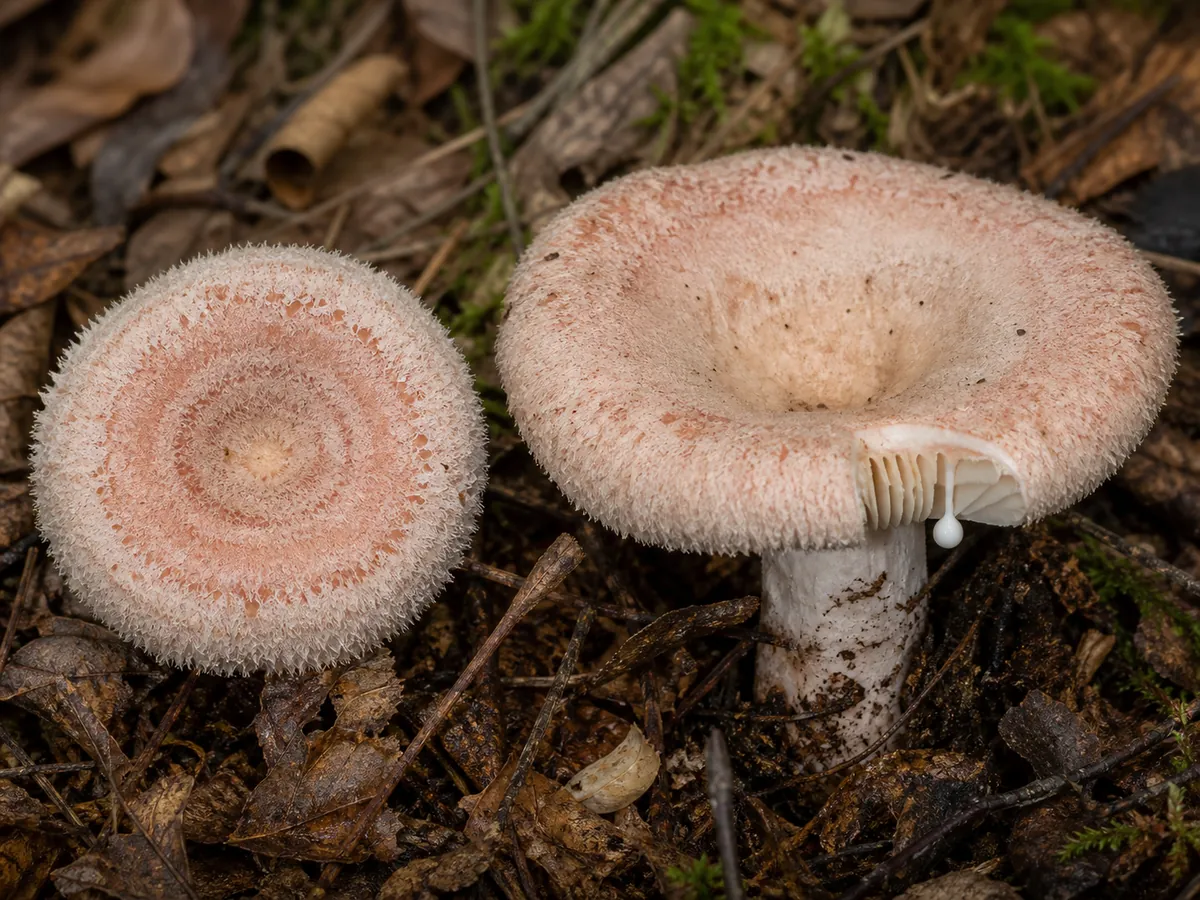 Young and mature woolly milkcaps showing the shaggy inrolled margin, pink zones, pale gills, and white latex