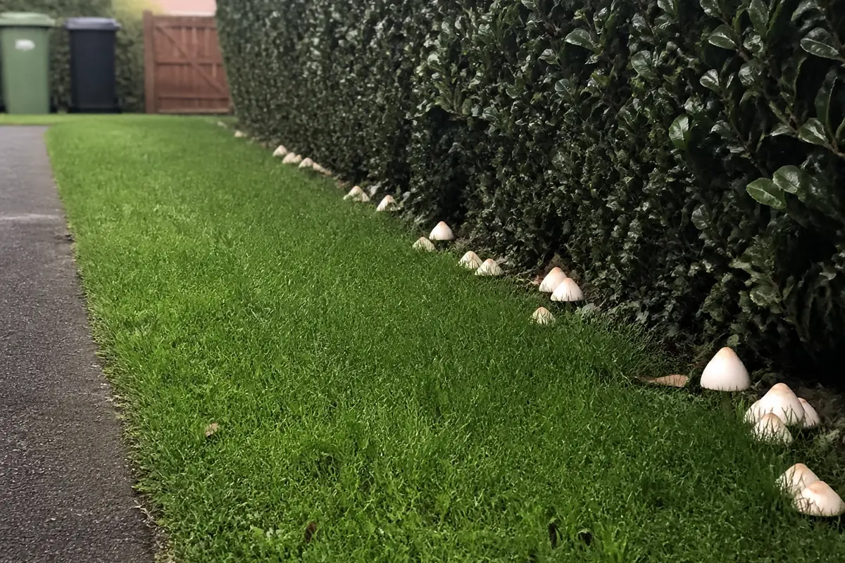 The grassy strip between a suburban footpath and a clipped hedge, with white-capped mushrooms pushing up along the hedge line and bins and a garden gate behind