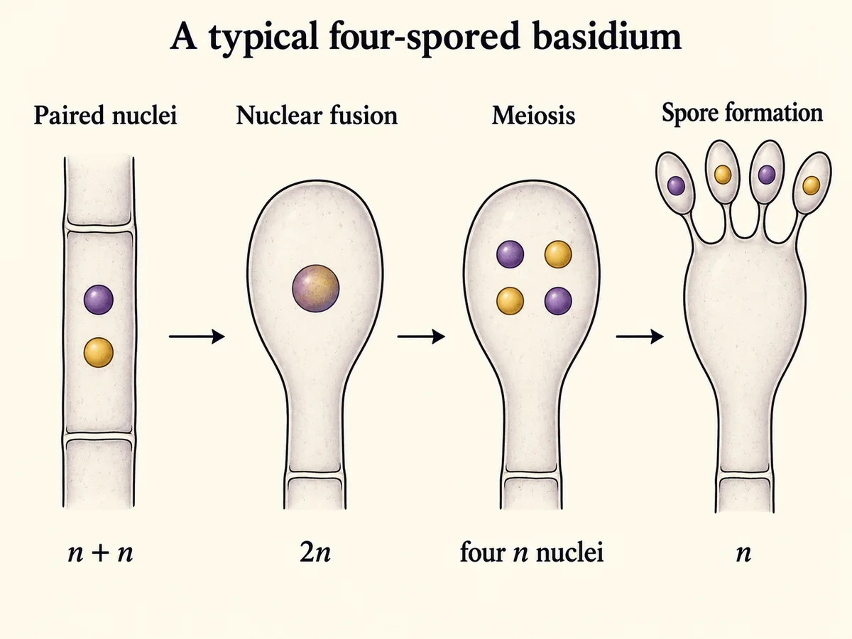 Four illustrated stages showing separate paired nuclei, nuclear fusion, meiosis and four external basidiospores