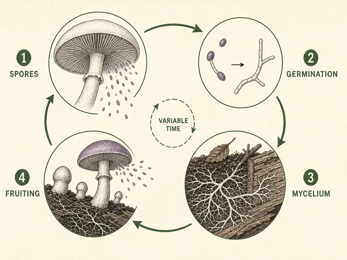 Four-stage mushroom life cycle from spores through germination, mycelium, and fruiting