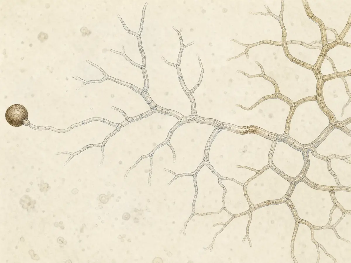 Germinating mushroom spore, branching hyphae, and two compatible networks joining under a microscope - mushroom life cycle