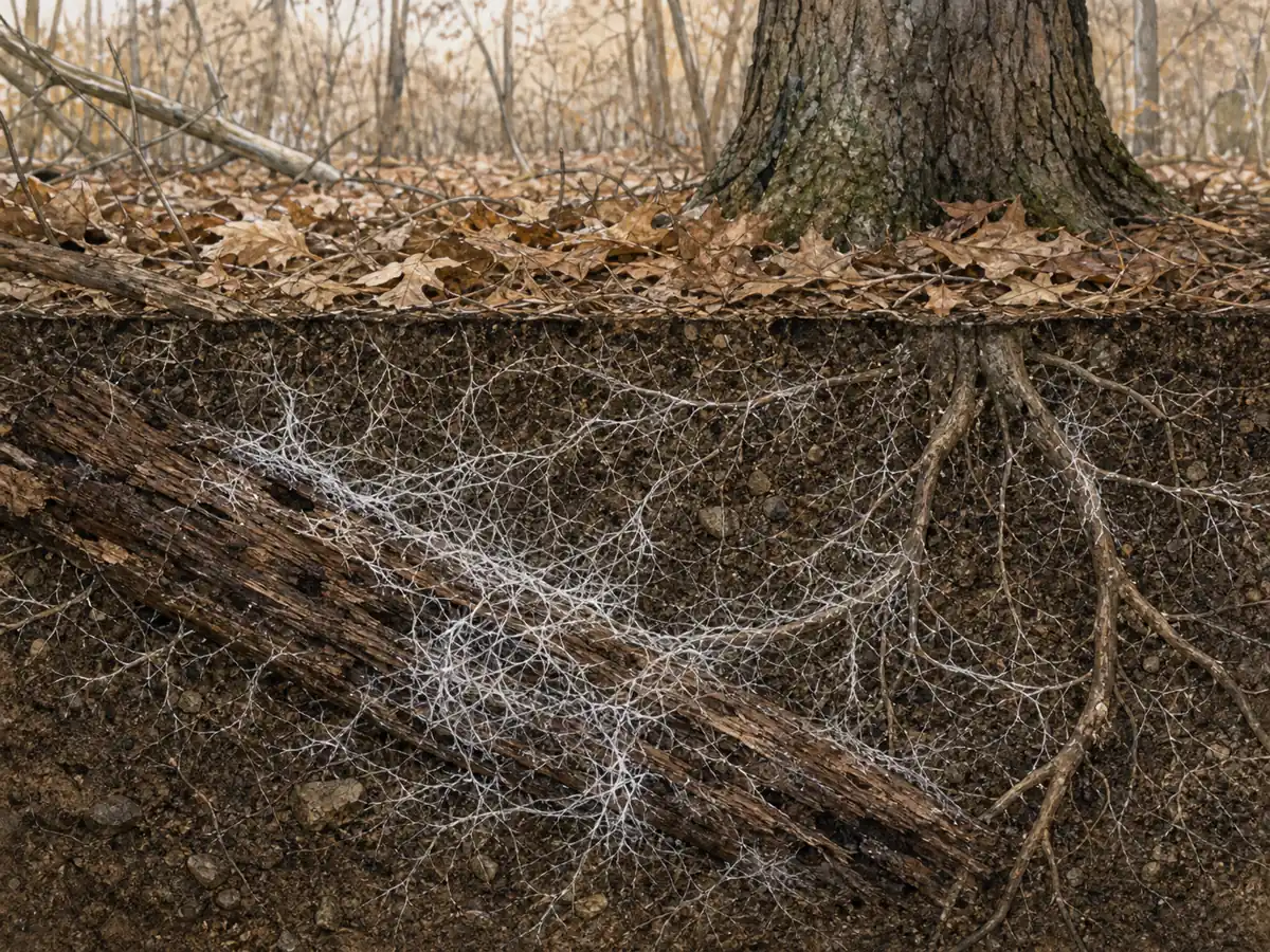 Forest floor without mushrooms above a hidden mycelial network spreading through soil, roots, and buried wood - mushroom life cycle