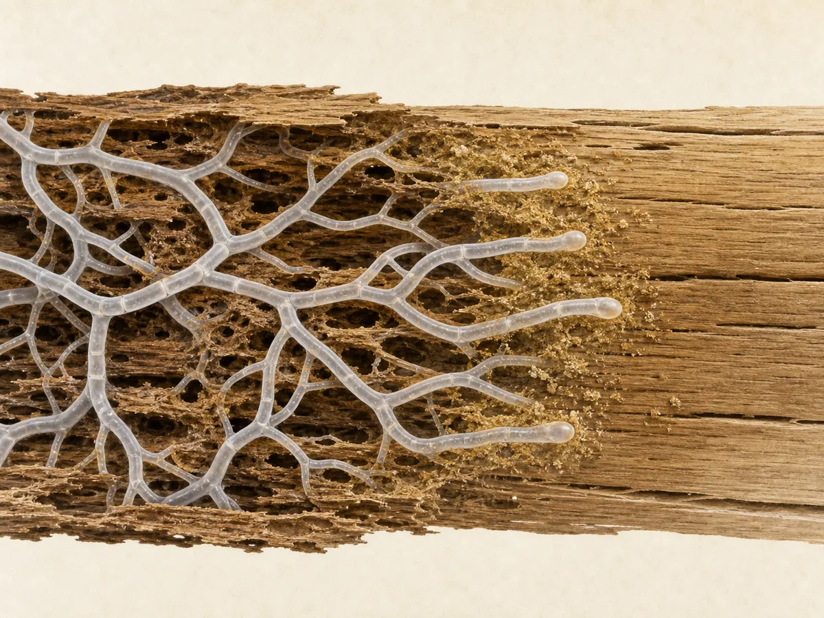 Branching fungal hyphae growing through wood fibers - what is mycelium