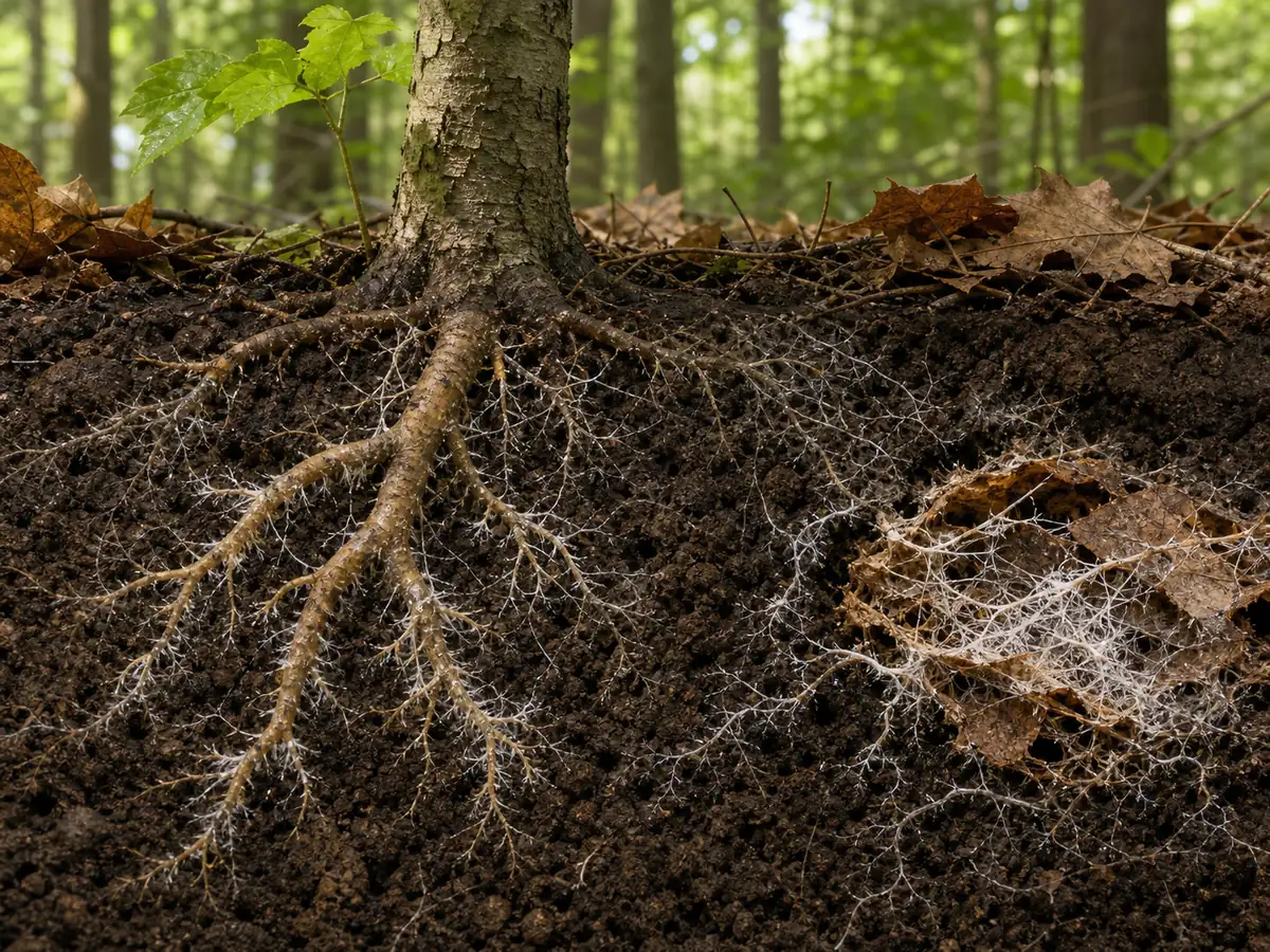 Fine fungal mycelium around tree roots in a forest soil cutaway - what is mycelium