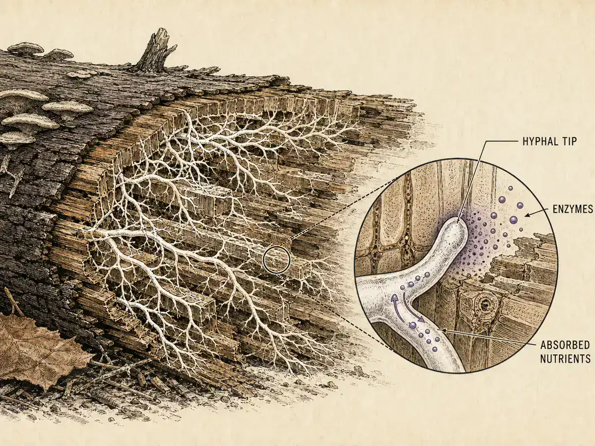 Mycelium crossing decaying wood with a magnified hyphal tip releasing enzymes