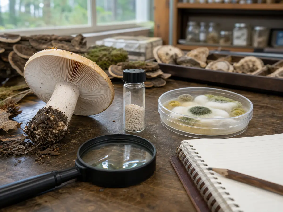 Mushroom specimen, yeast culture, and contained mold culture arranged as separate fungal study subjects - branches of mycology