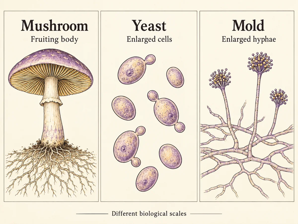 A mushroom fruiting body, budding yeast cells and branching mold hyphae shown in separate illustrative panels