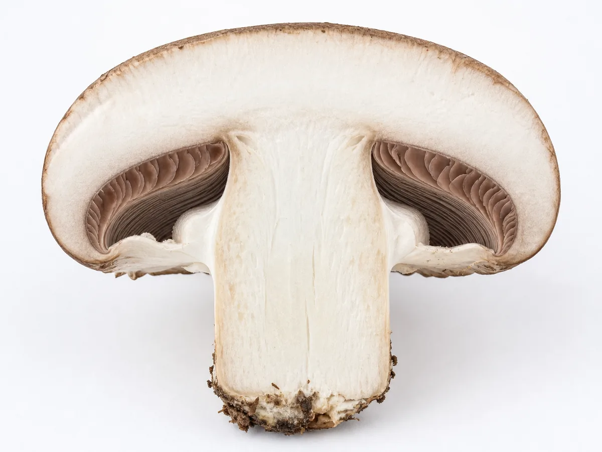 A mushroom cut vertically in half on a white surface showing cap flesh, gill layer and solid stem interior