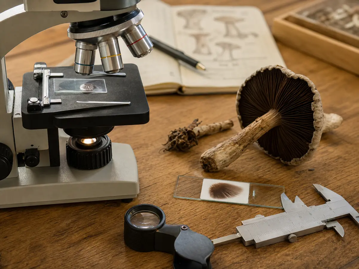Microscope, spore slide, calipers, hand lens, and preserved mushroom specimen on a laboratory bench - mycology identification tools
