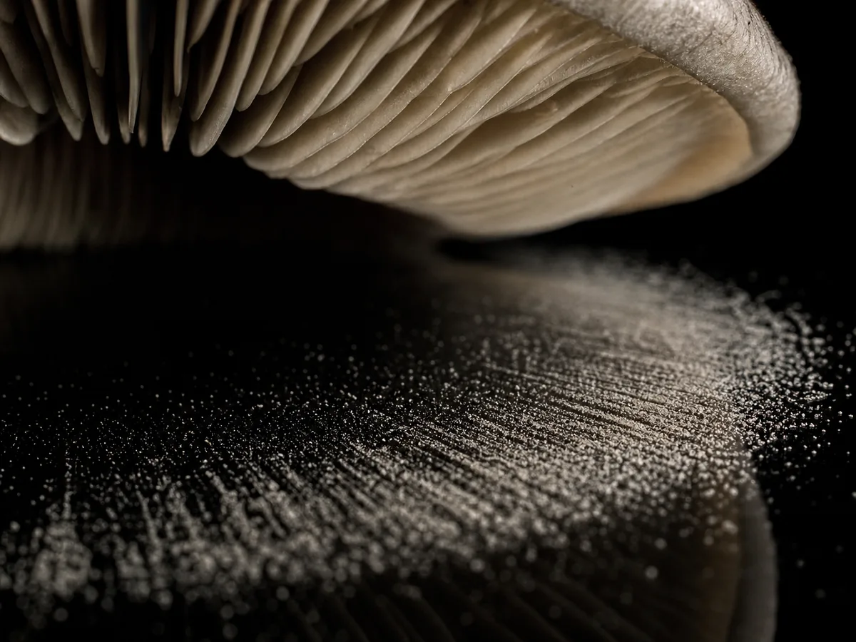 Macro view of a fine pale spore print collecting on dark glass beneath a mushroom cap