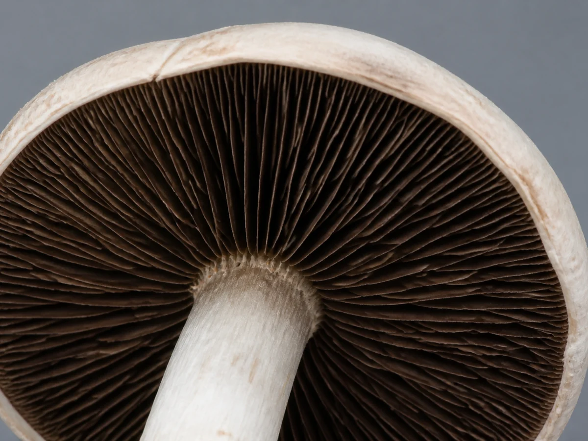 Extreme close view of the underside of a mature white mushroom showing dense dark brown radiating gills