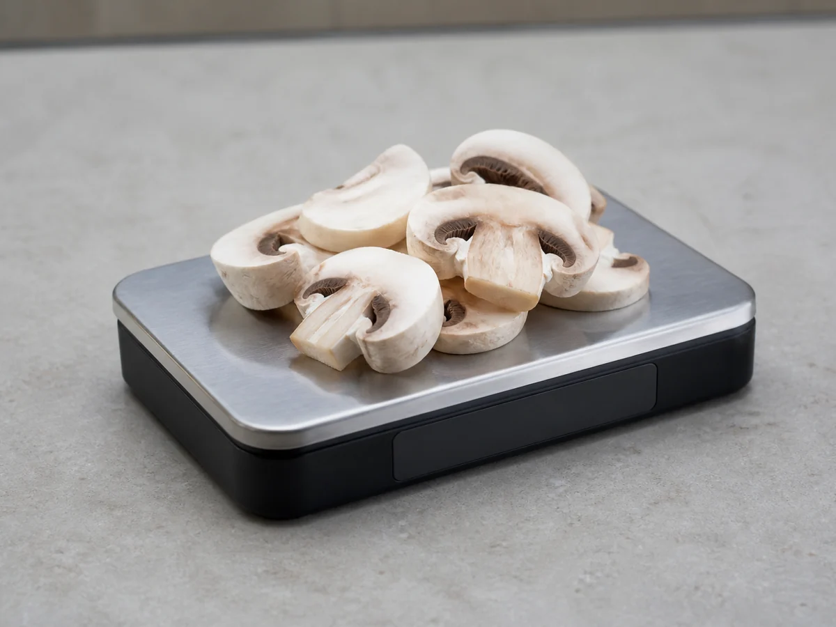 A portion of sliced white mushrooms sitting on the platform of a small digital kitchen scale