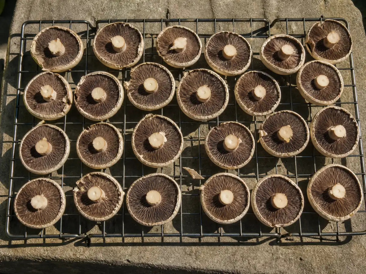 Sliced white mushrooms laid gill side up in a single layer on a wire tray outdoors in bright direct sunlight