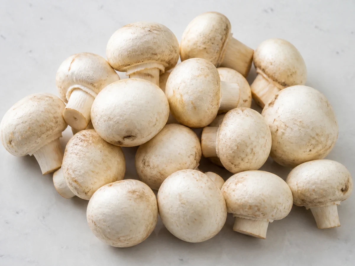 A loose pile of fresh whole white button mushrooms on a plain pale kitchen counter