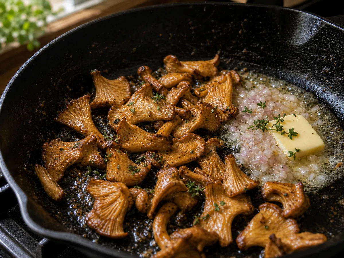 Chanterelles finishing in butter with shallot and herbs