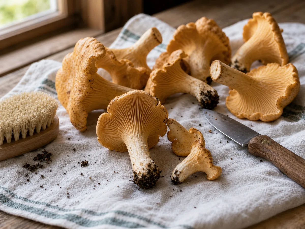 Fresh chanterelles being brushed clean before cooking