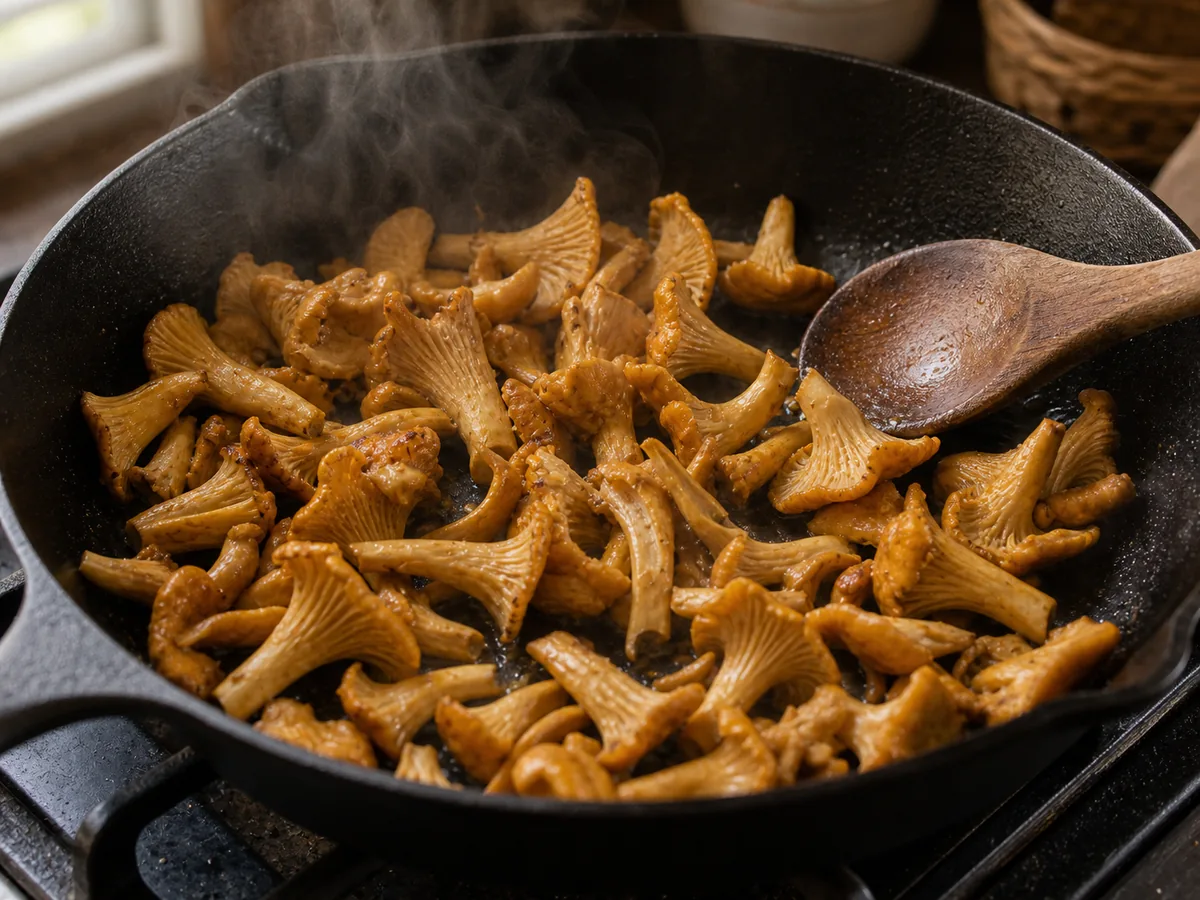 Chanterelles releasing moisture in a skillet before butter is added