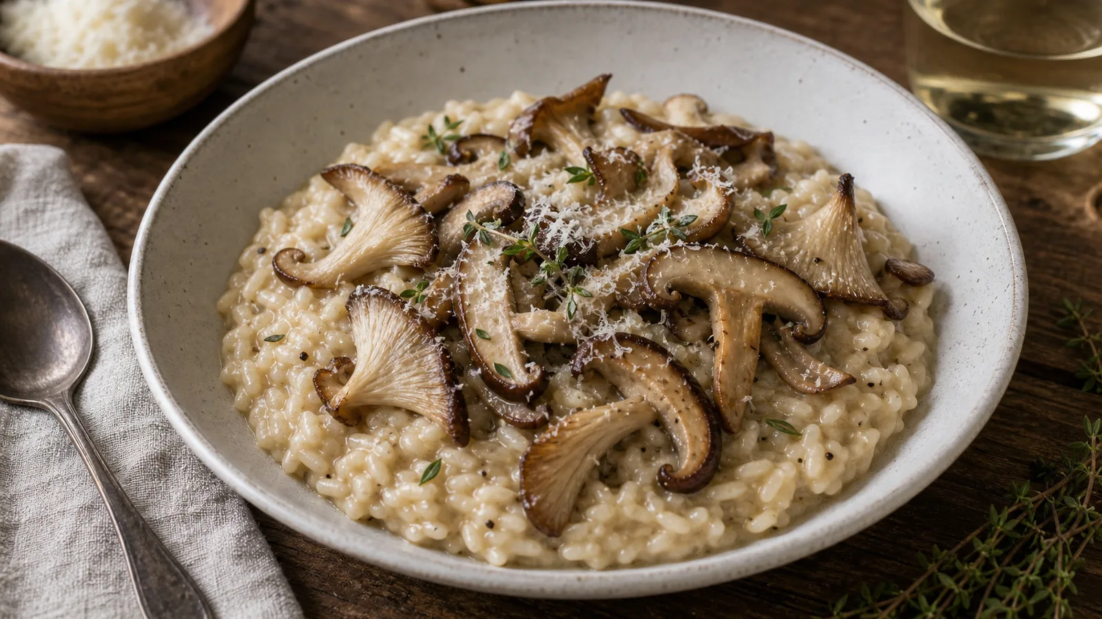Creamy mushroom risotto topped with browned shiitake and oyster mushrooms