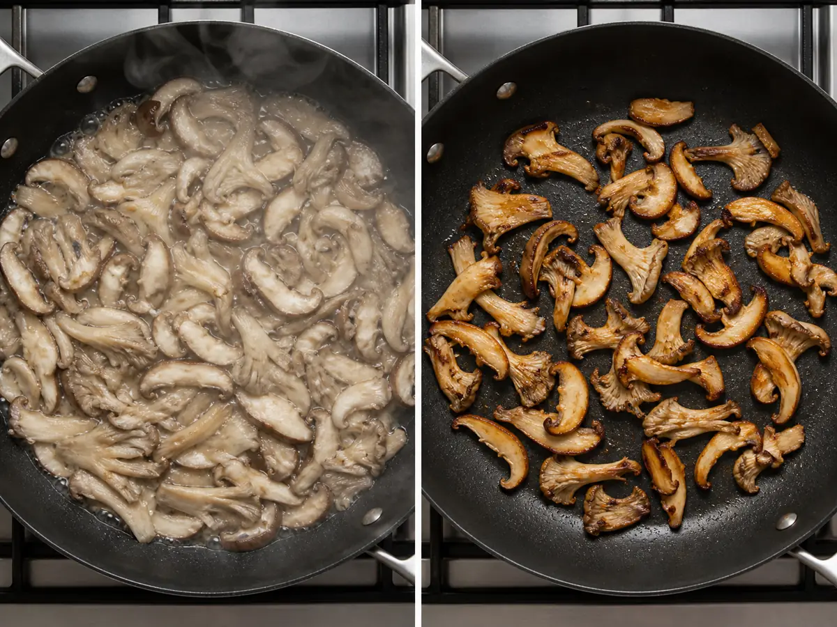 Crowded mushrooms steaming in pooled water beside mushrooms browning in one loose layer - creamy mushroom risotto recipe