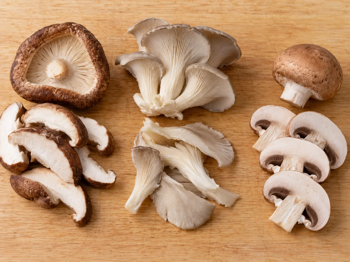 Shiitake cap slices, torn oyster strips and sliced cremini arranged in three groups