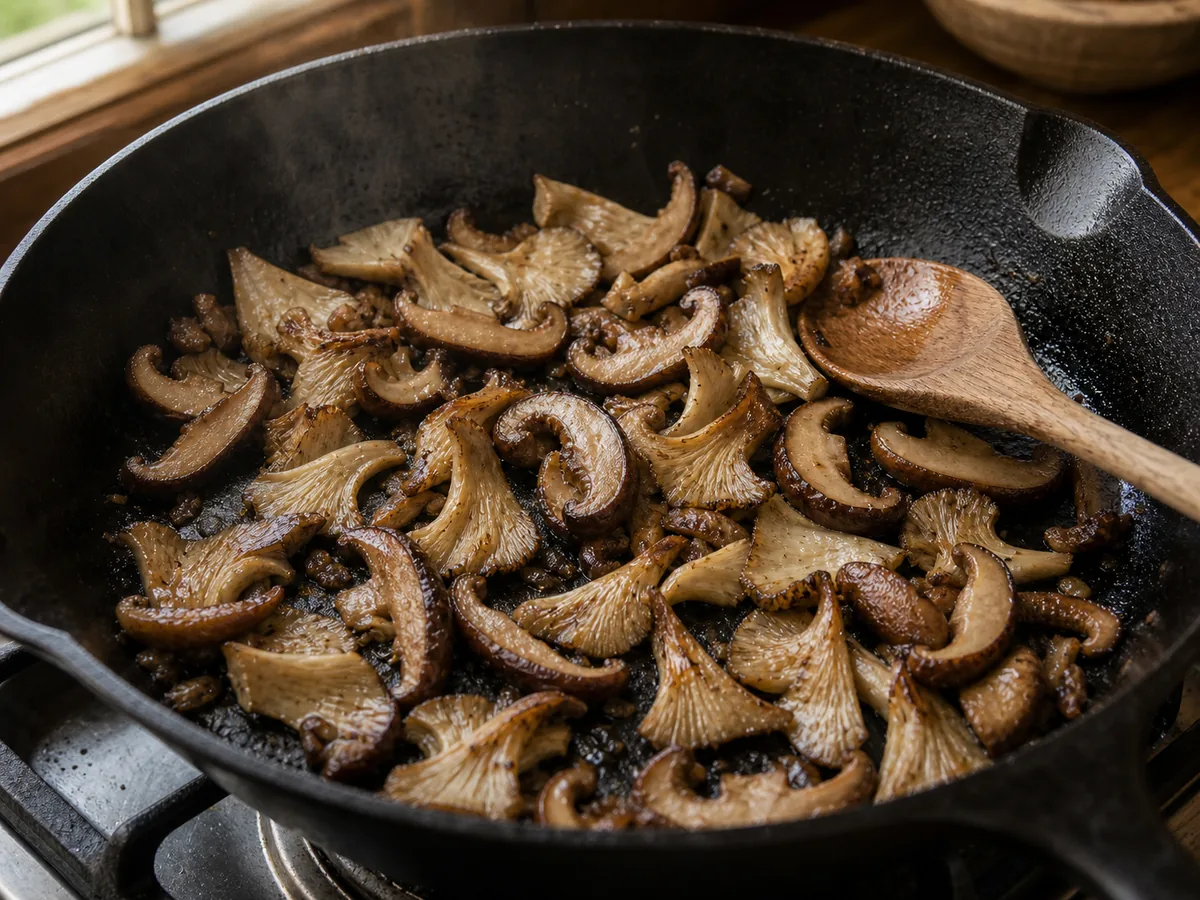 Shiitake and oyster mushrooms browning in a wide skillet - creamy mushroom risotto recipe