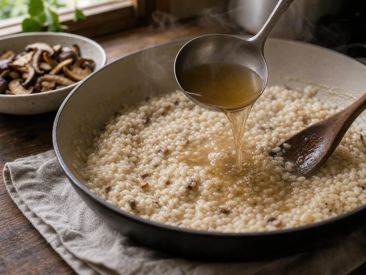 Warm stock being ladled into mushroom risotto - creamy mushroom risotto recipe