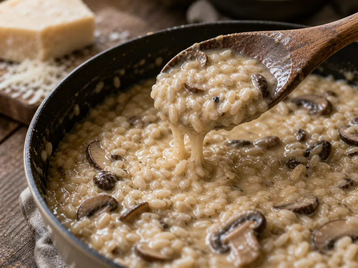 Creamy mushroom risotto spreading slowly on a spoon - creamy mushroom risotto recipe