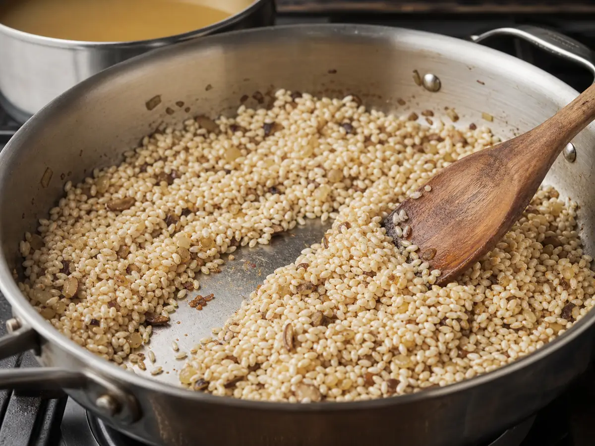 Arborio rice stirred through softened onion and mushroom fond until the grain edges turn slightly translucent - creamy mushroom risotto recipe