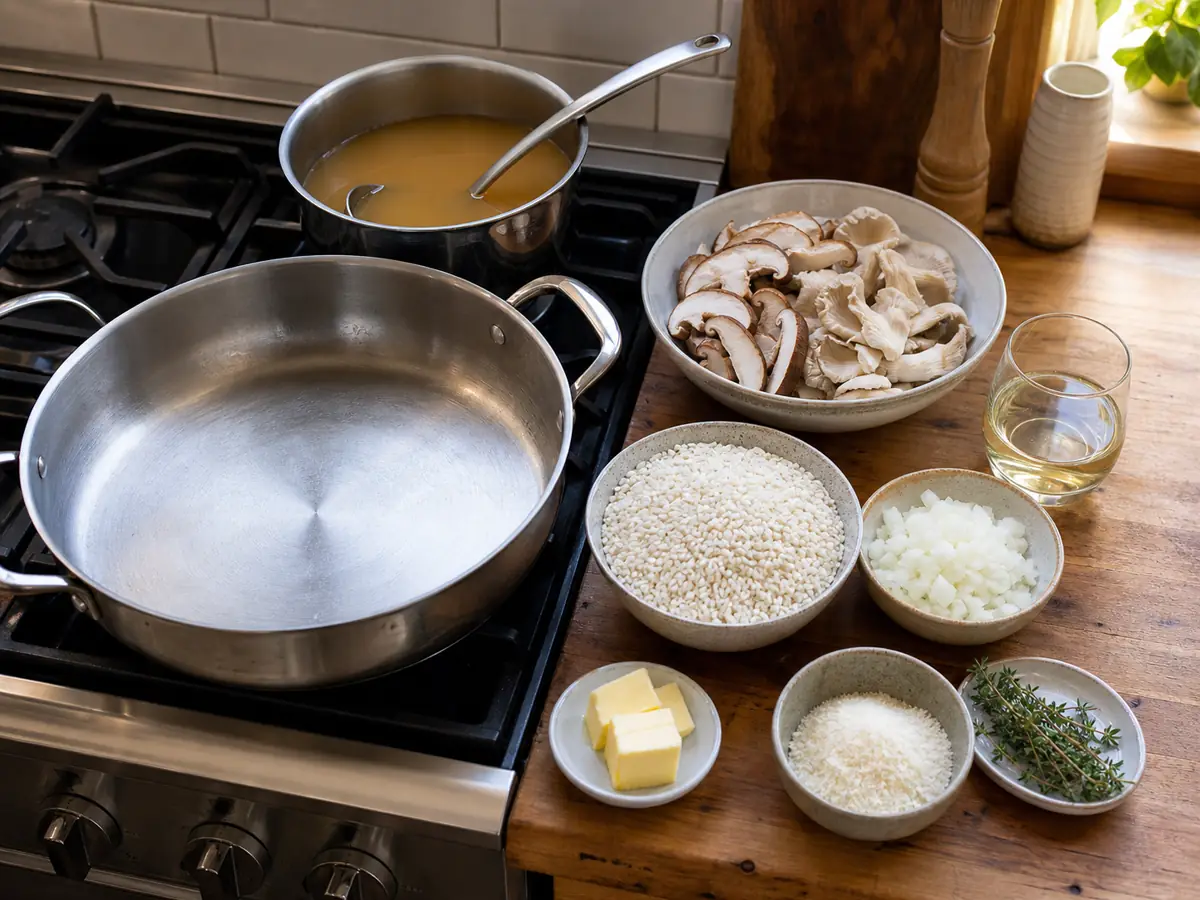 Wide saute pan, warm stock pot, ladle, risotto rice, cultivated mushrooms, onion, butter, Parmesan, thyme, and wine before cooking - creamy mushroom risotto recipe