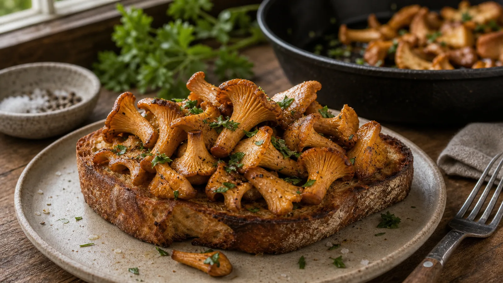 Sauteed chanterelles with butter and herbs served on toast