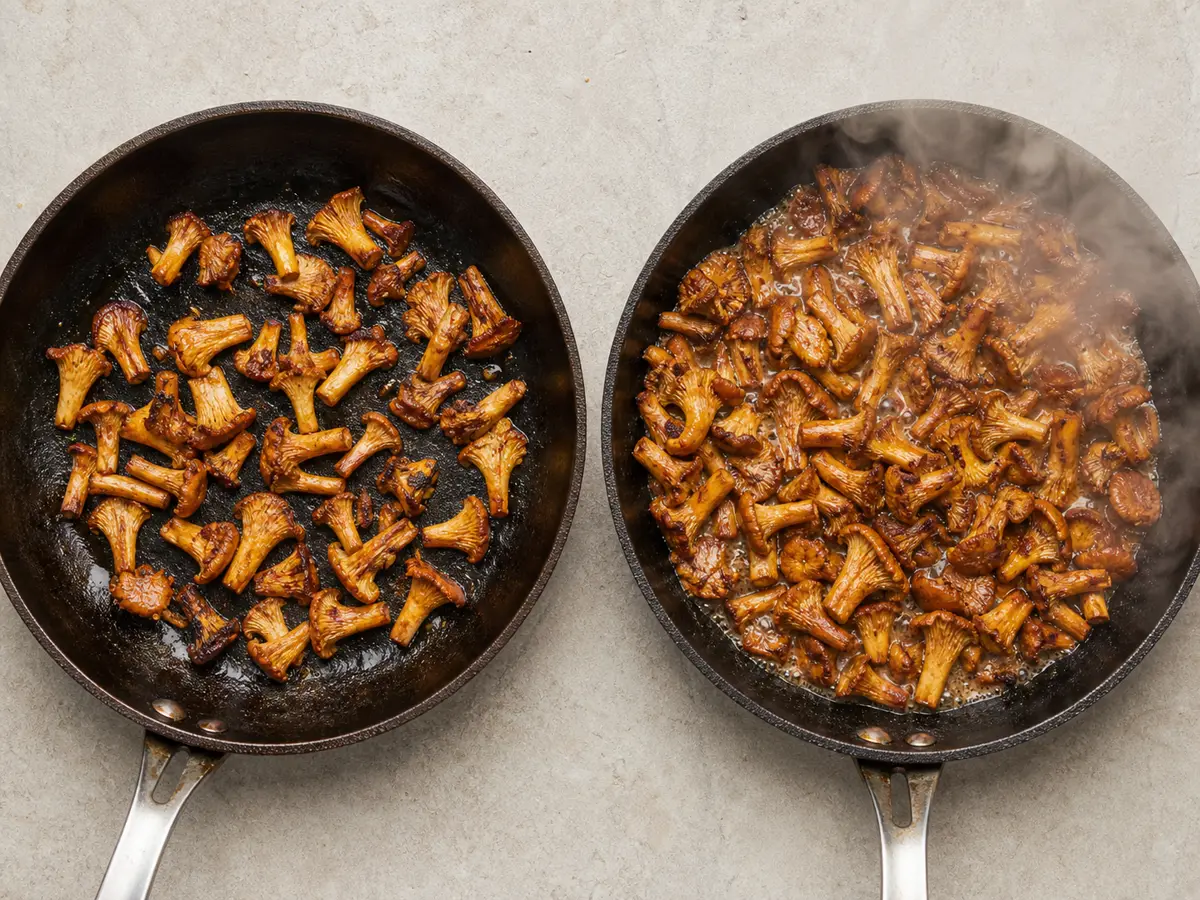 Chanterelles browning in a loose layer beside a crowded skillet holding steam and liquid - sauteed chanterelle pan size