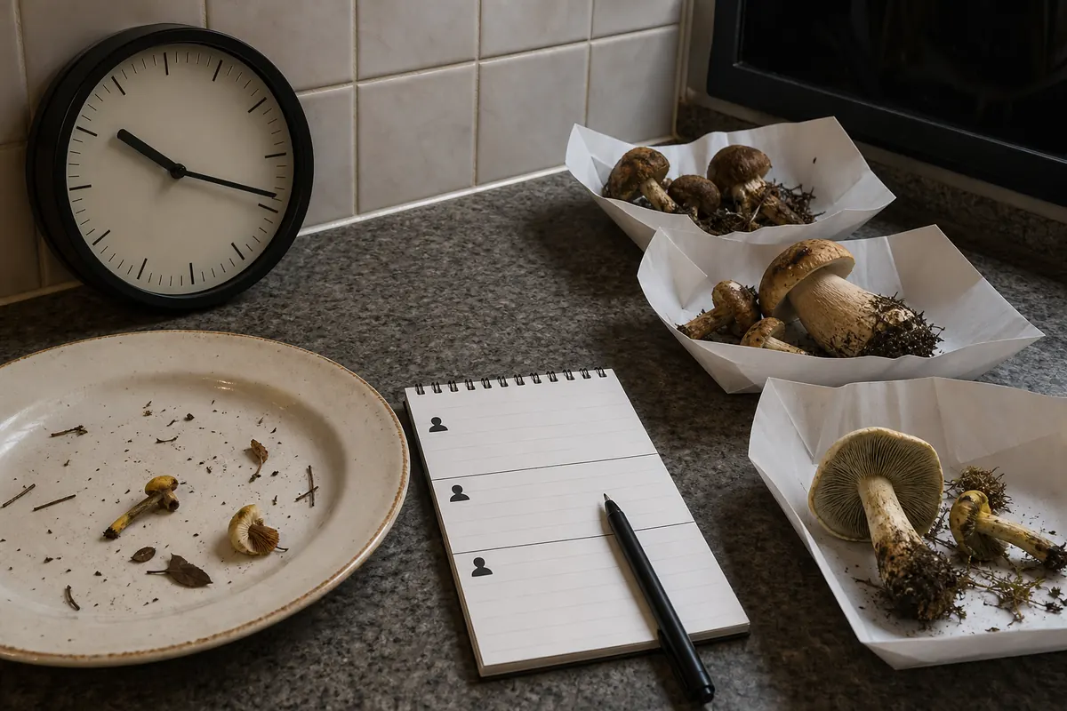 A kitchen clock beside a documented wild mushroom meal with separate notes for each diner