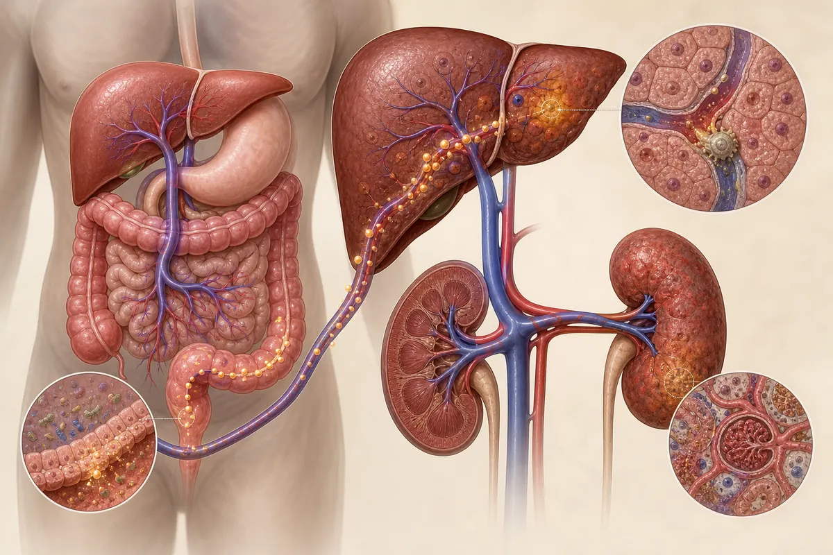 Medical field-guide illustration tracing amatoxin from the intestine through portal blood to liver cells and possible kidney injury