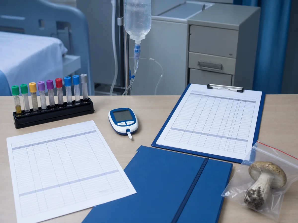 Liver and coagulation blood tubes, glucose check, trend forms, and transfer folder