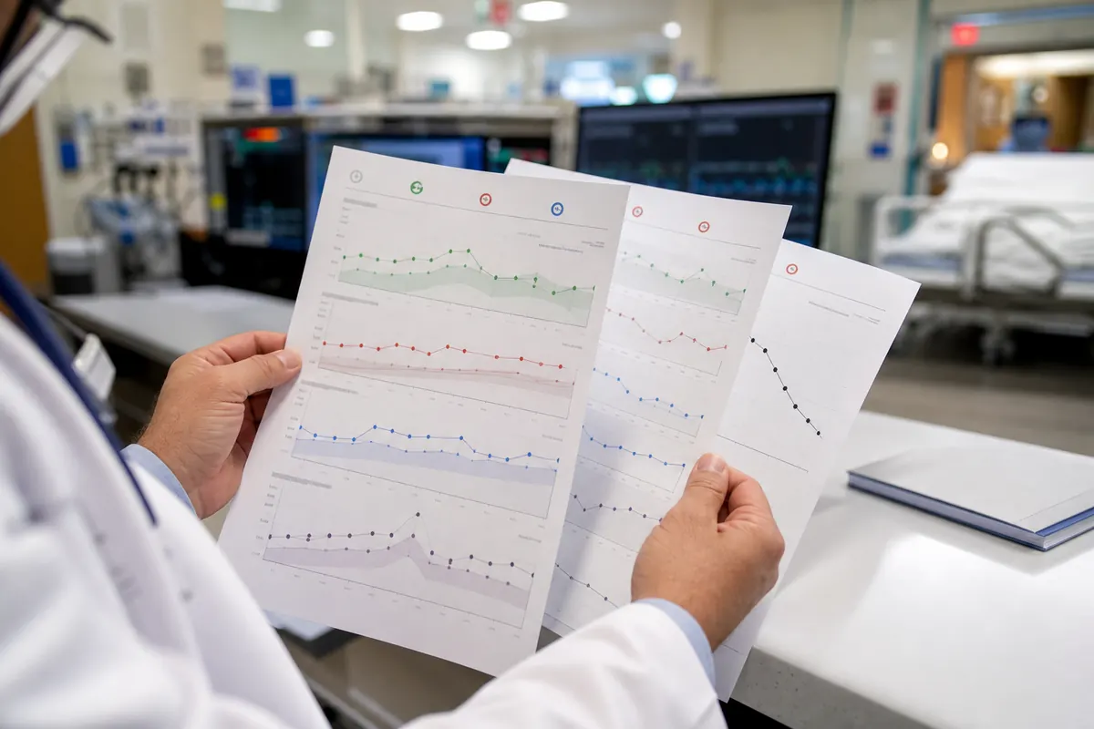 Clinician reviewing three time-stamped liver, clotting, glucose, and kidney panels while the patient's symptom line improves
