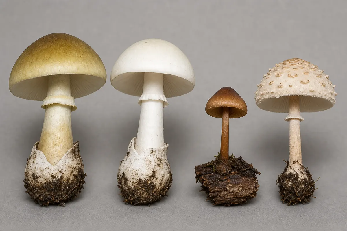 Complete death cap, destroying angel, Galerina, and small Lepiota specimens shown at a common scale with intact stem bases