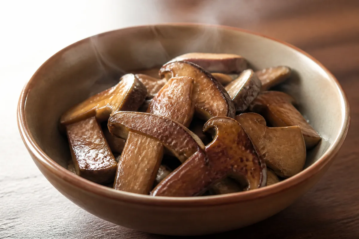 Small portion of thoroughly cooked bay bolete slices served hot without raw garnish - cooked bay bolete during pregnancy