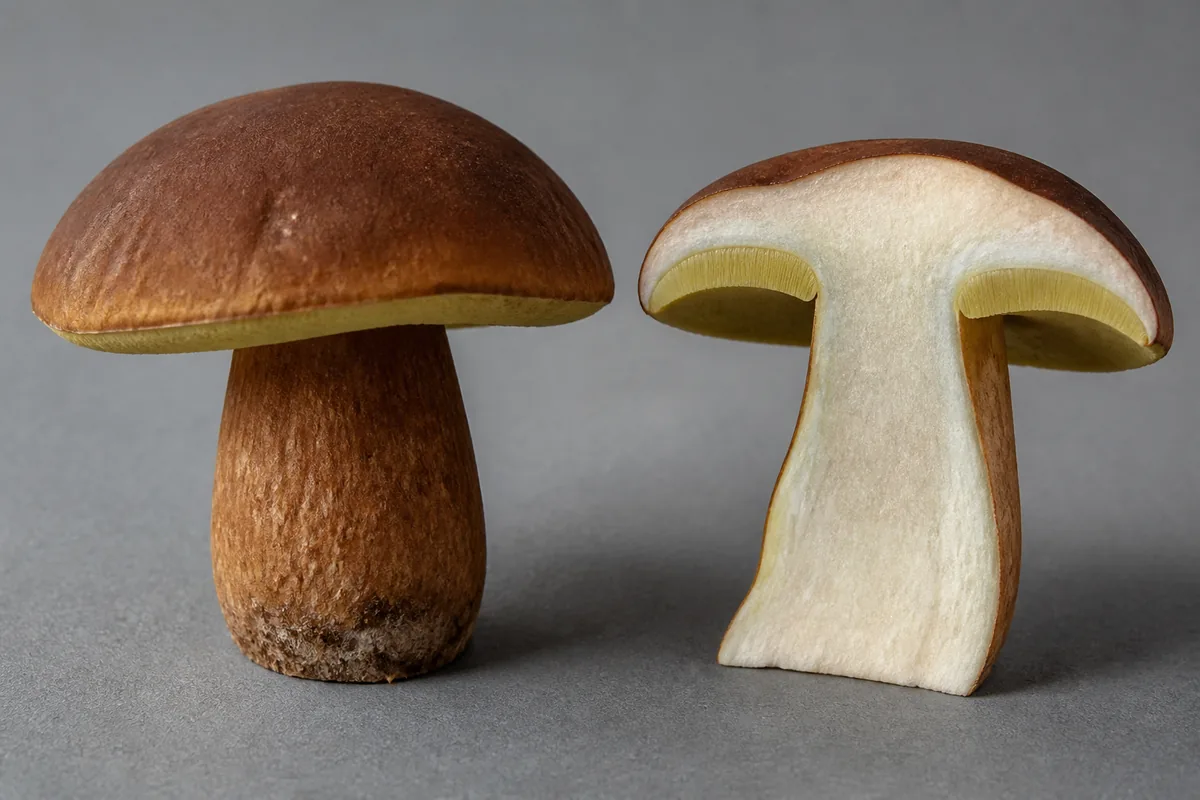 Whole and vertically cut bay bolete showing chestnut cap, yellow pore layer, pale flesh, and brownish stem - bay bolete cut check during pregnancy