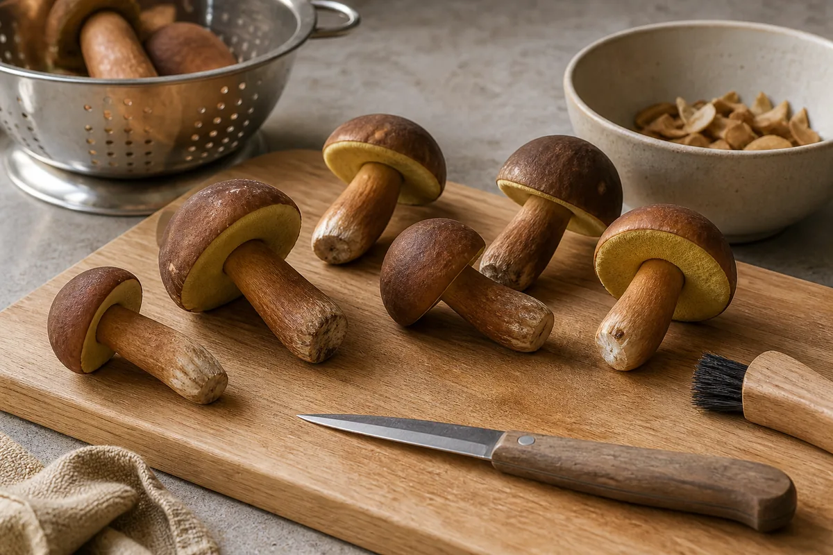 Whole verified bay boletes with a brush, knife, board, colander, and discard bowl - bay bolete preparation during pregnancy