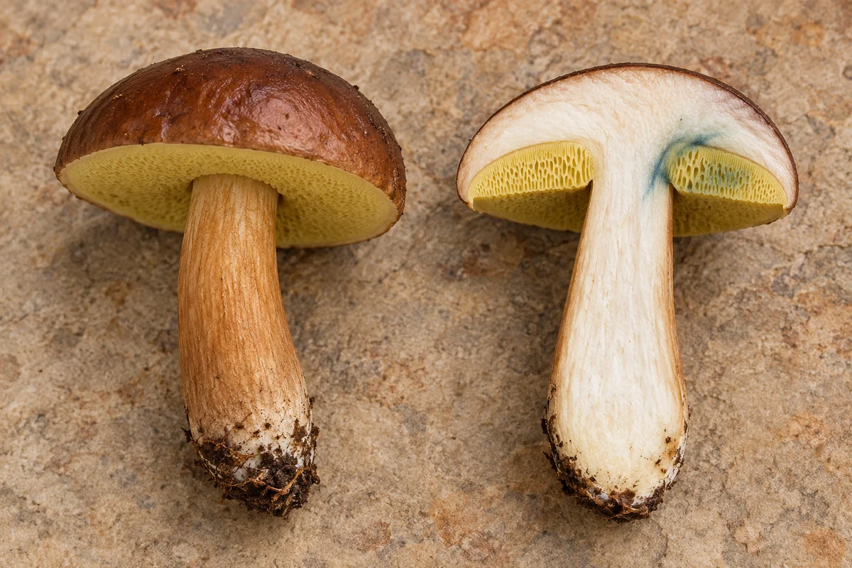 Whole representative chestnut-capped bolete beside a cut view with a localized blue-green mark near the yellow pore layer