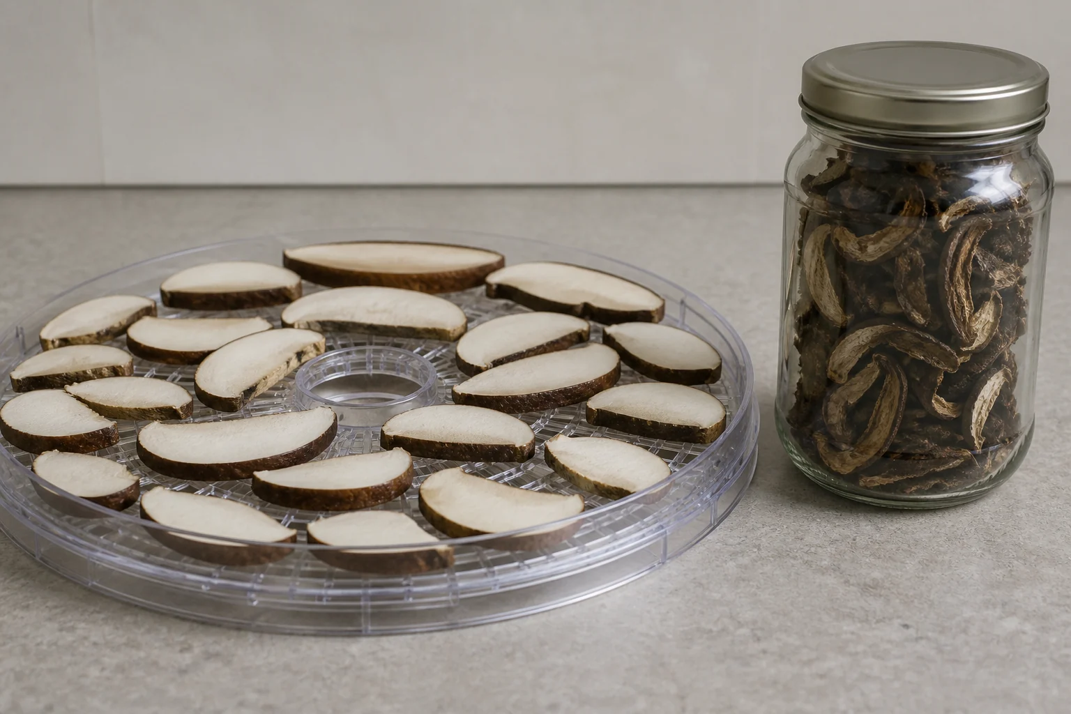 Evenly sliced bay bolete laid out on a dehydrator tray beside a sealed jar of already dried slices on a plain counter
